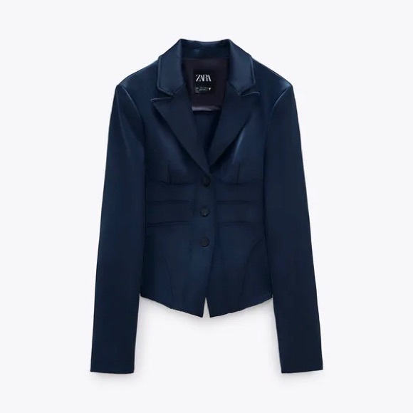 NWT ZARA LIMITED EDITION Navy Blue Satin Blazer - Picture 2 of 4